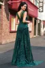 Sparkly Dark Green Sheath Sequin Pleated Long Prom Dress With Thigh Split sold by Zapaka