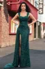 Sparkly Dark Green Sheath Sequin Pleated Long Prom Dress With Thigh Split sold by Zapaka