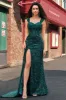 Sparkly Dark Green Sheath Sequin Pleated Long Prom Dress With Thigh Split sold by Zapaka