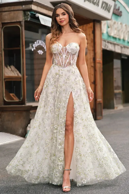 Light Green A-Line Strapless Corset Prom Dress with Embroider made by Zapaka