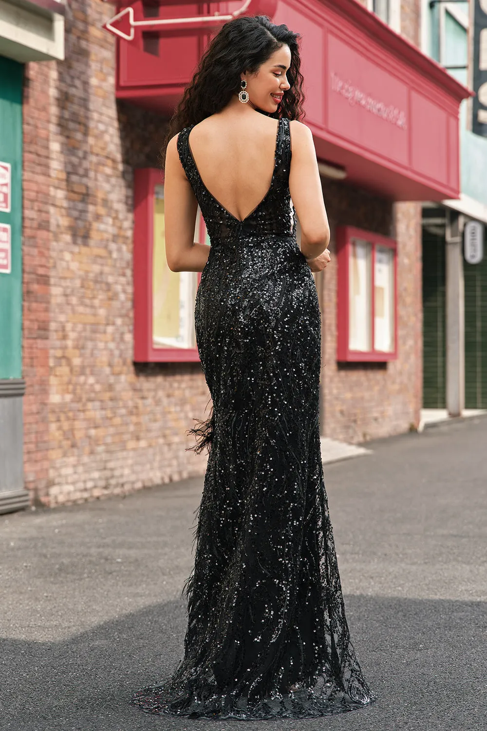 Sparkly Black Deep V-neck Mermaid Long Prom Dress with Feathers sold by Zapaka product image thumbnail 2