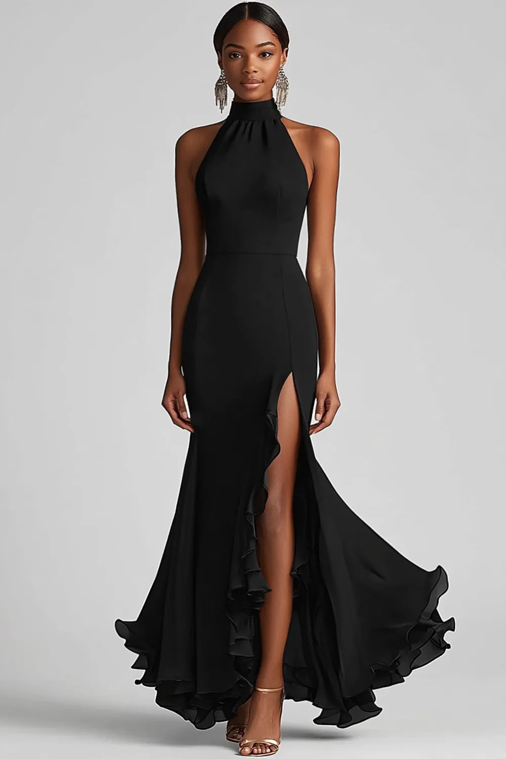 Halter Neck Black Ruffles Mermaid Long Formal Dress with Slit sold by Zapaka