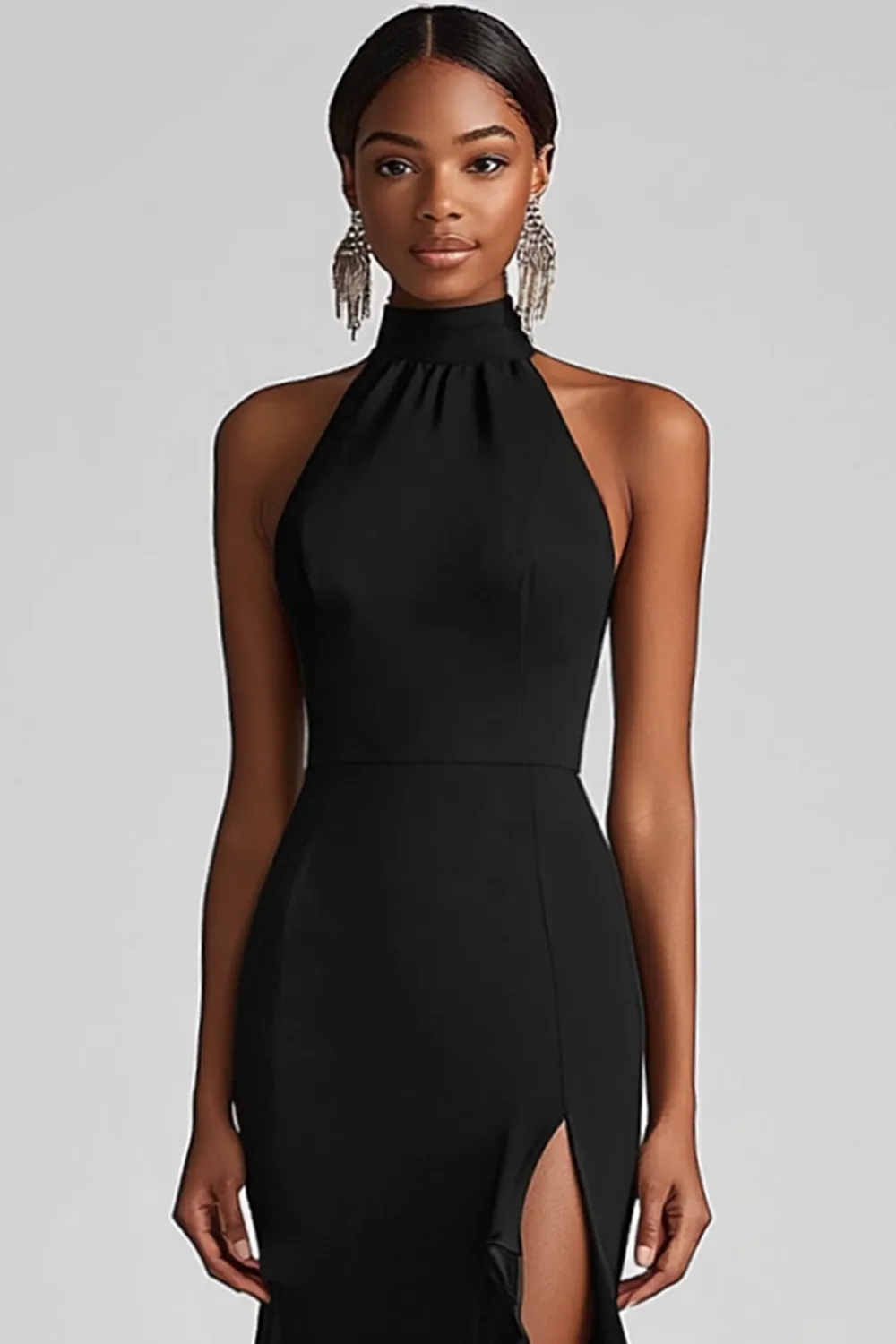 Halter Neck Black Ruffles Mermaid Long Formal Dress with Slit sold by Zapaka product image thumbnail 2