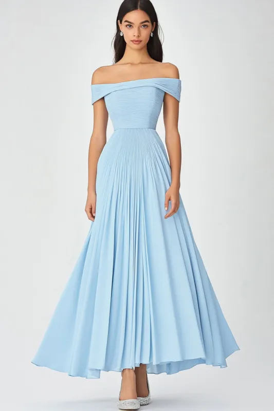 Off  the Shoulder Sky Blue A Line Ruched Chiffon Formal Dress sold by Zapaka