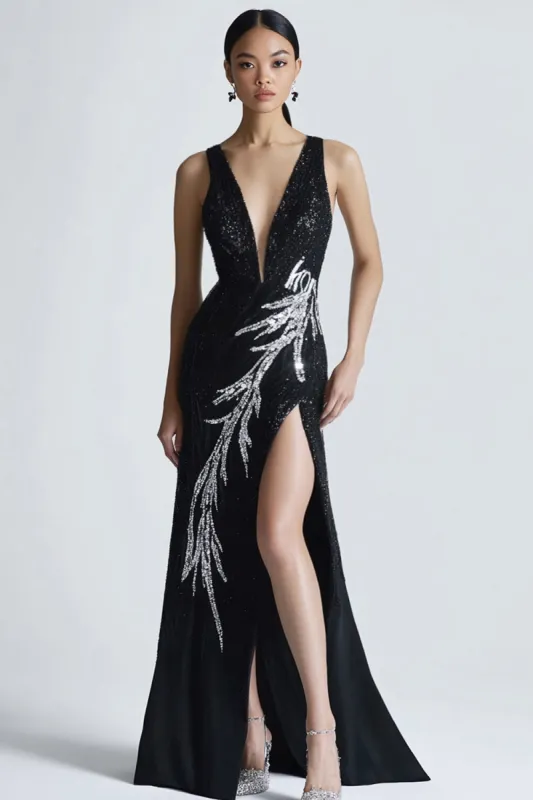 Sparkly Black V-Neck Formal Dress with Slit sold by Zapaka