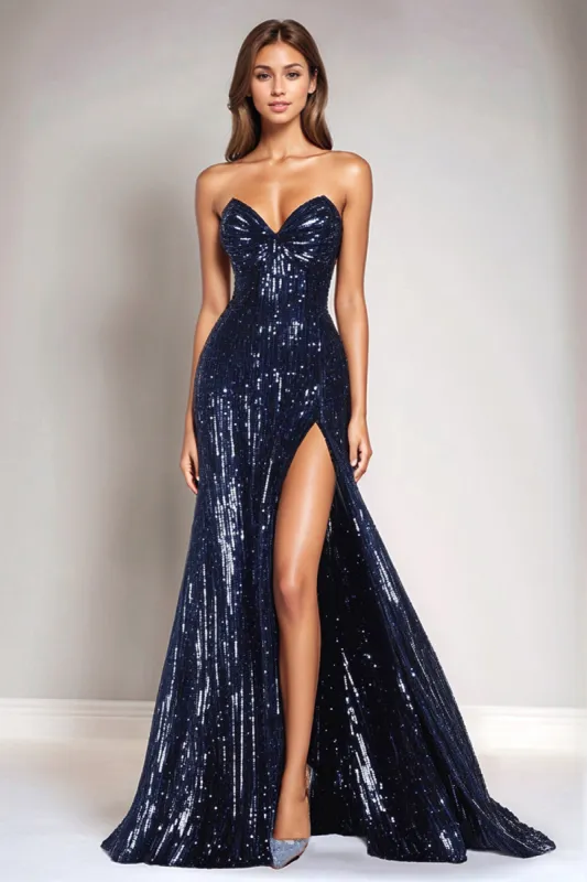 Sparkly Sequins Mermaid Navy Strapless Tight Formal Dress with Slit sold by Zapaka
