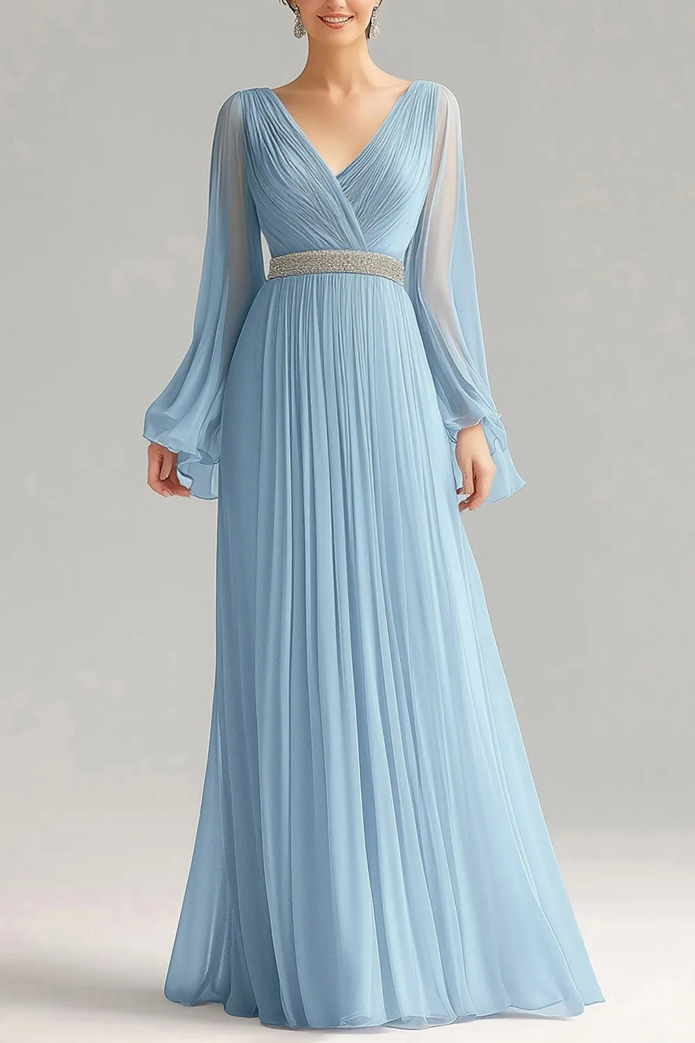 Sky Blue A Line Chiffon V-Neck Long Sleeves Formal Dress sold by Zapaka