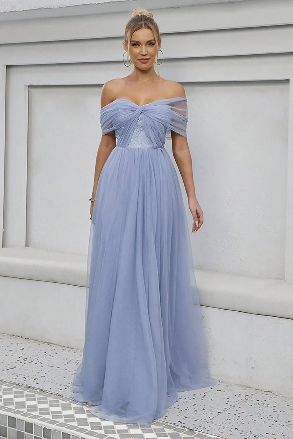 Blue Tulle Off the Shoulder A Line Formal Dress sold by Zapaka product image thumbnail 4