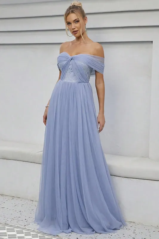 Blue Tulle Off the Shoulder A Line Formal Dress sold by Zapaka