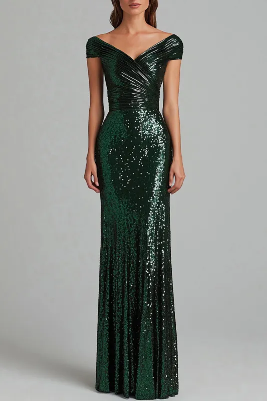 Dark Green V-Neck Mermaid Sequins Ruffles Formal Dress sold by Zapaka