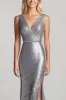 Silver V-Neck Mermaid Long Formal Dress with Slit sold by Zapaka