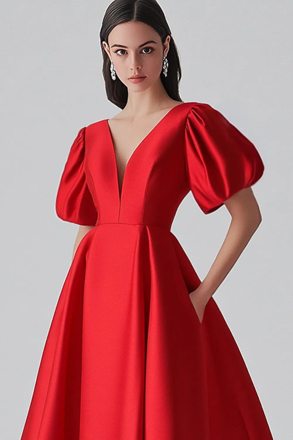 Red A Line Satin Formal Dress with Puff Sleeves sold by Zapaka product image thumbnail 3