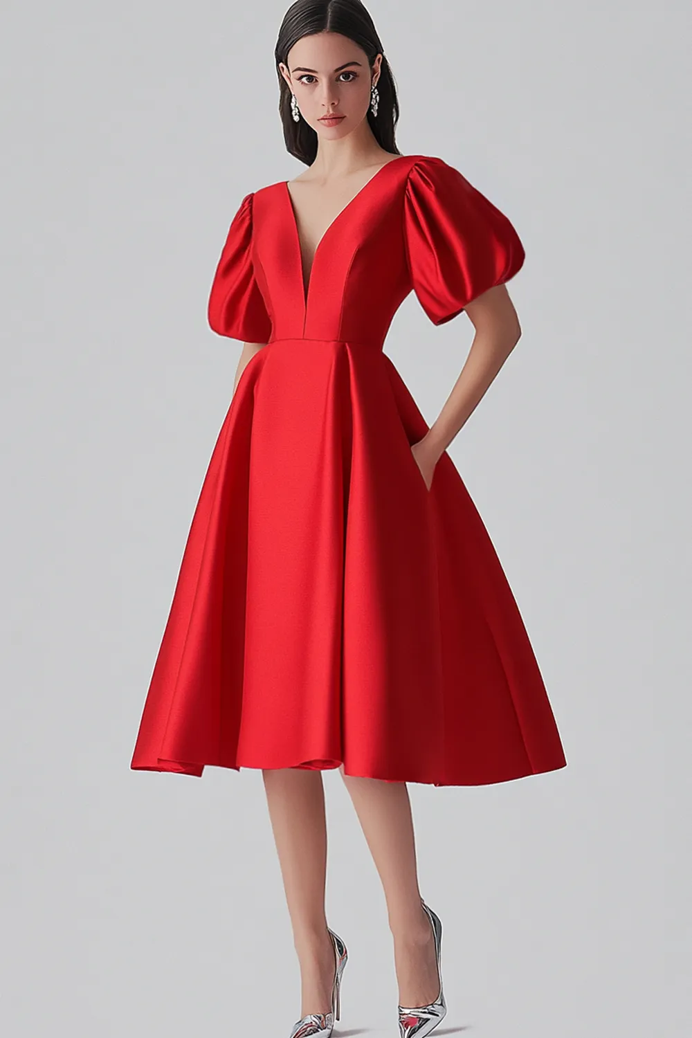 Red A Line Satin Formal Dress with Puff Sleeves sold by Zapaka product image thumbnail 4