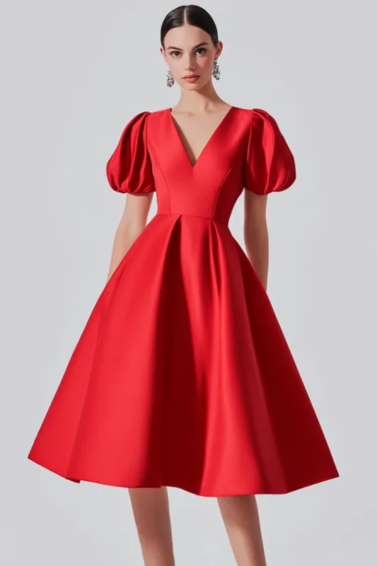 Red A Line Satin Formal Dress with Puff Sleeves sold by Zapaka