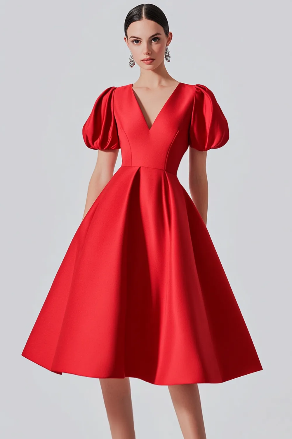 Red A Line Satin Formal Dress with Puff Sleeves sold by Zapaka