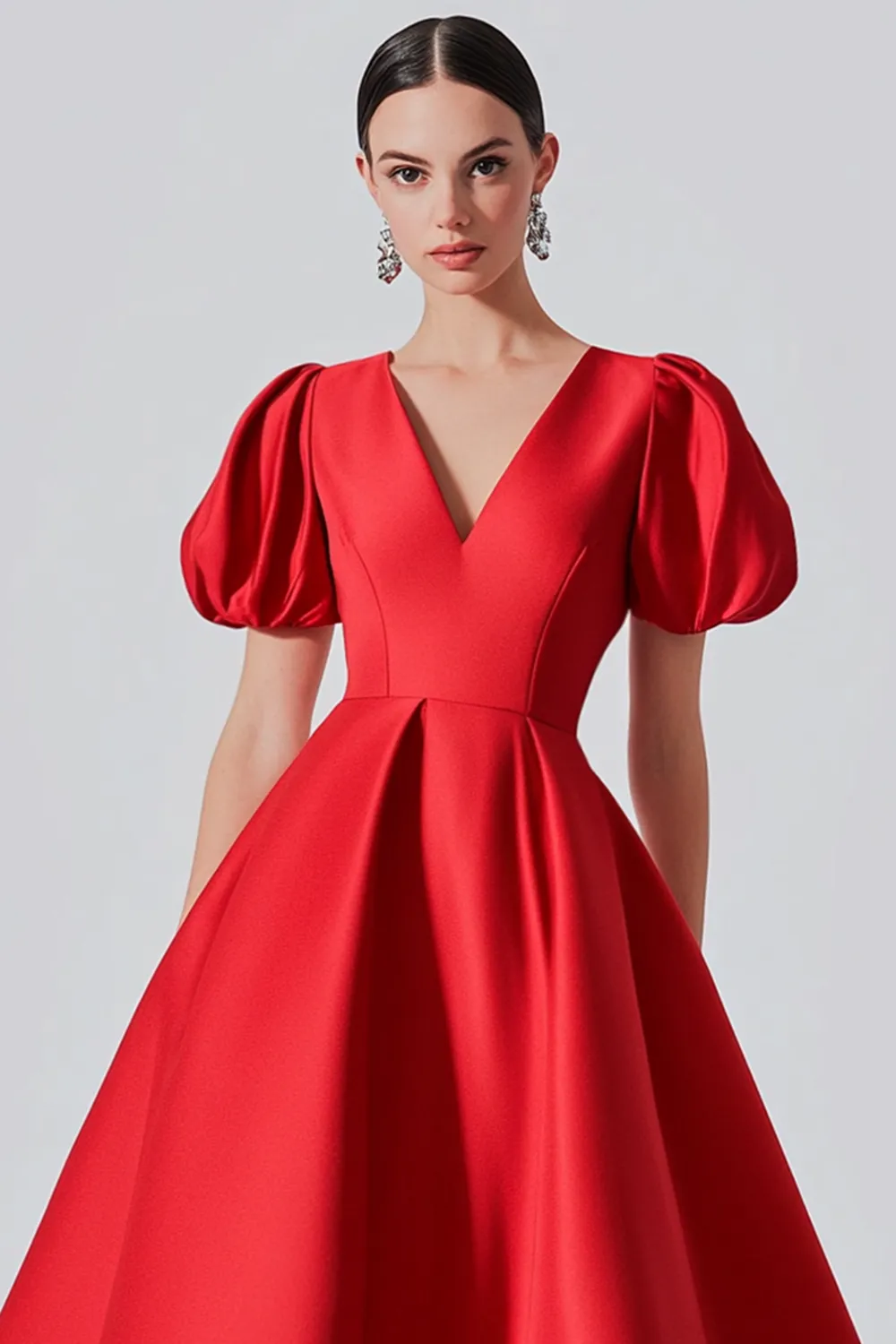 Red A Line Satin Formal Dress with Puff Sleeves sold by Zapaka product image thumbnail 2