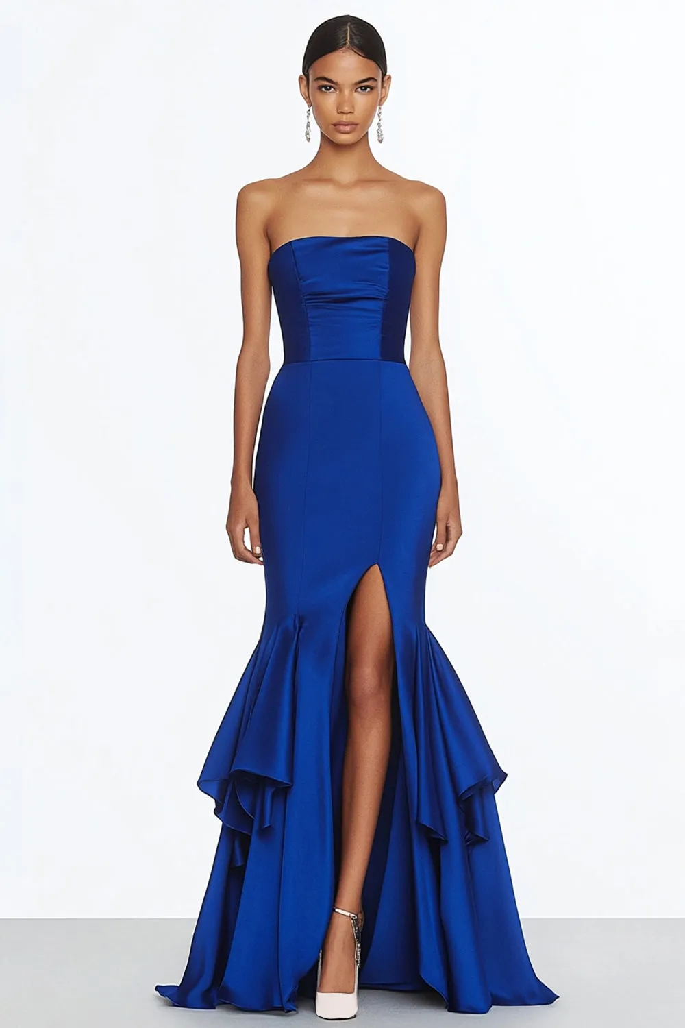 Mermaid Strapless Royal Blue Satin Long Formal Dress with Slit sold by Zapaka
