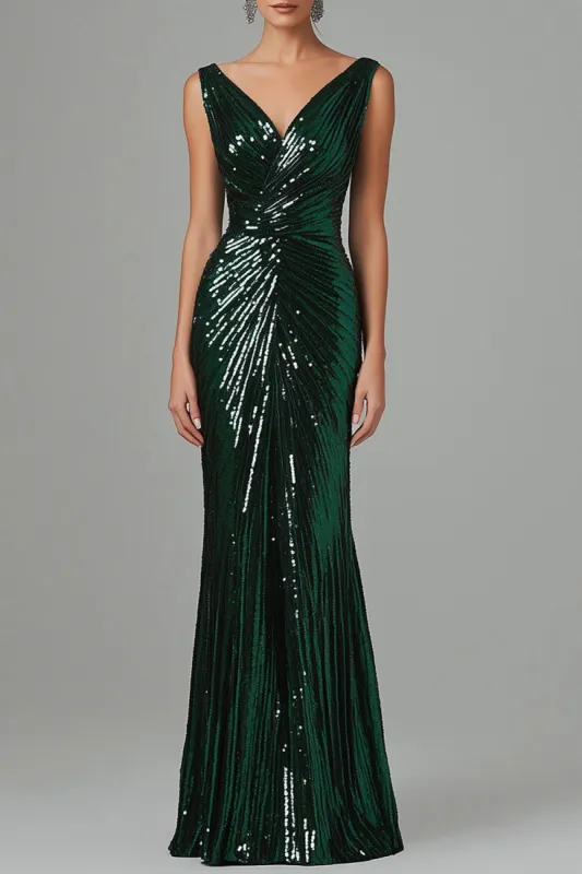 Dark Green Mermaid V-Neck Sequins Pleated Formal Dress sold by Zapaka