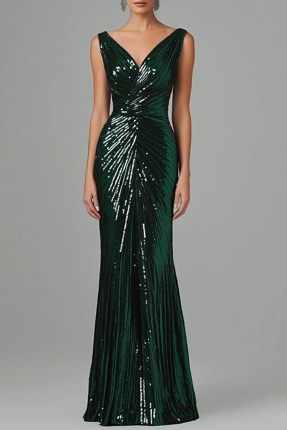 Dark Green Mermaid V-Neck Sequins Pleated Formal Dress sold by Zapaka