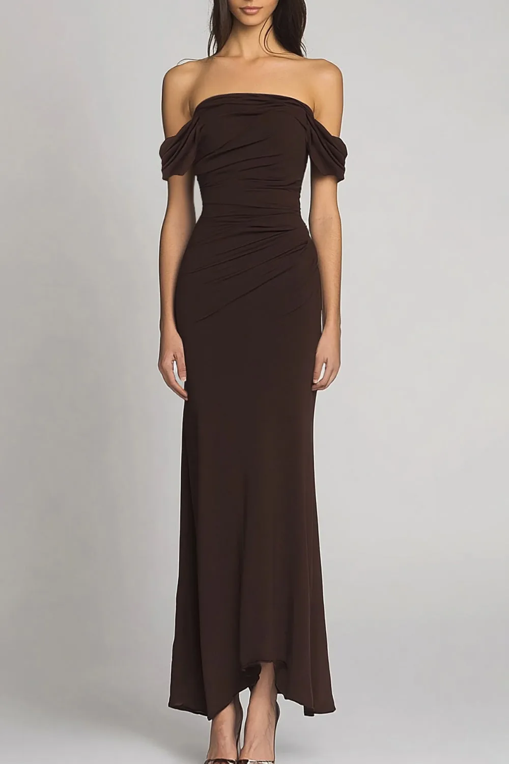 Dark Brown Off the Shoulder Mermaid Long Formal Dress sold by Zapaka