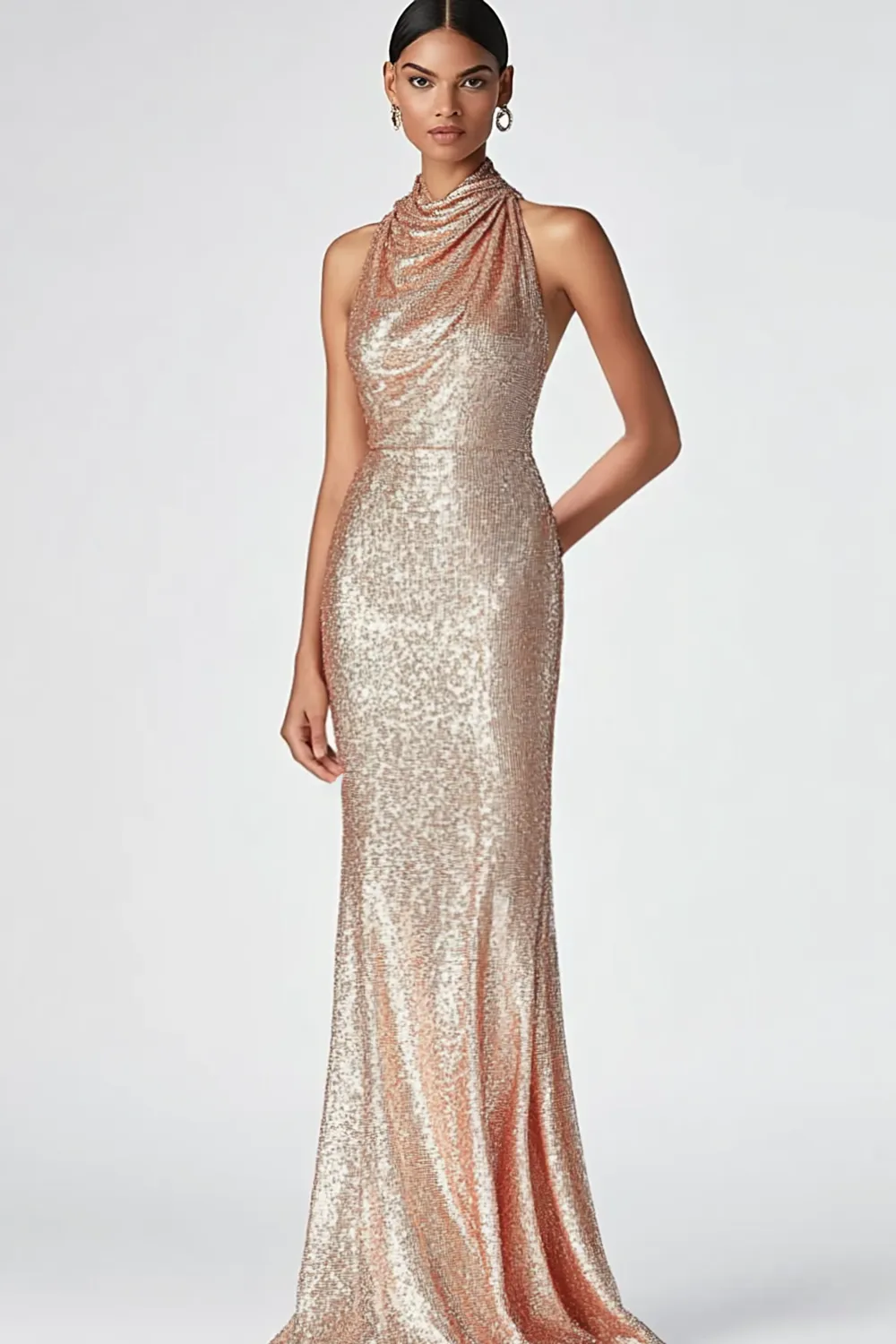 Champagne Halter Mermaid Sequins Formal Dress sold by Zapaka