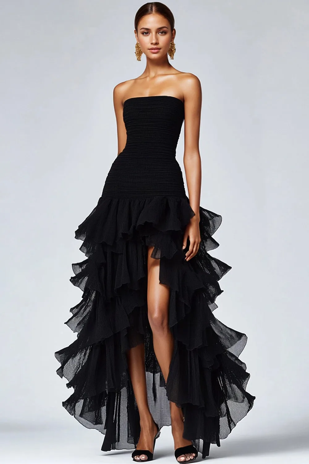 Black Strapless Tulle Tiered Ruffles Formal Dress sold by Zapaka