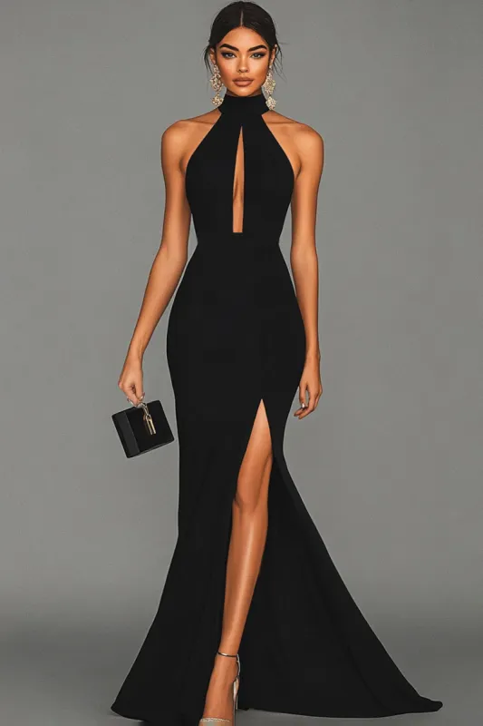 Black Mermaid Halter Neck Satin Formal Dress sold by Zapaka