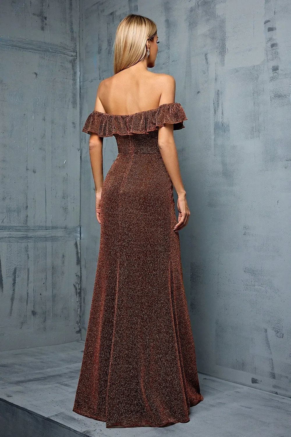 Sparkly Coffee Off the Shoulder Ruffled Sheath Formal Dress with Slit sold by Zapaka product image thumbnail 2