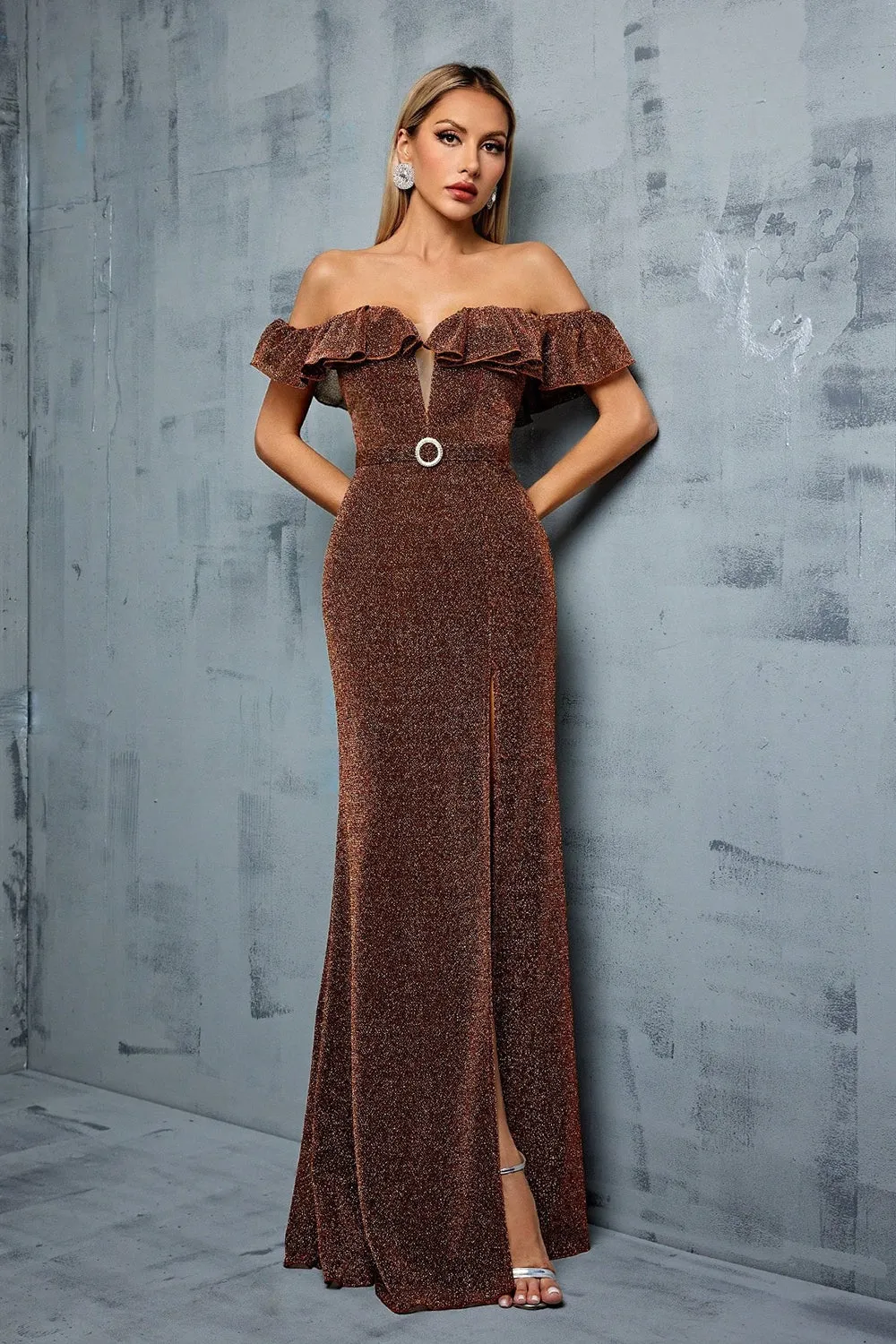 Sparkly Coffee Off the Shoulder Ruffled Sheath Formal Dress with Slit sold by Zapaka product image thumbnail 3