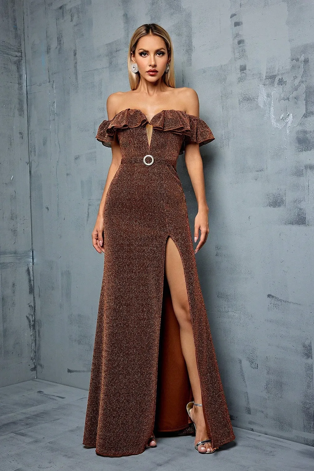 Sparkly Coffee Off the Shoulder Ruffled Sheath Formal Dress with Slit sold by Zapaka