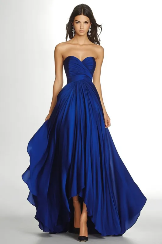 Royal Blue Pleated Asymmetric Chiffon Strapless Maxi A Line Formal Dress sold by Zapaka