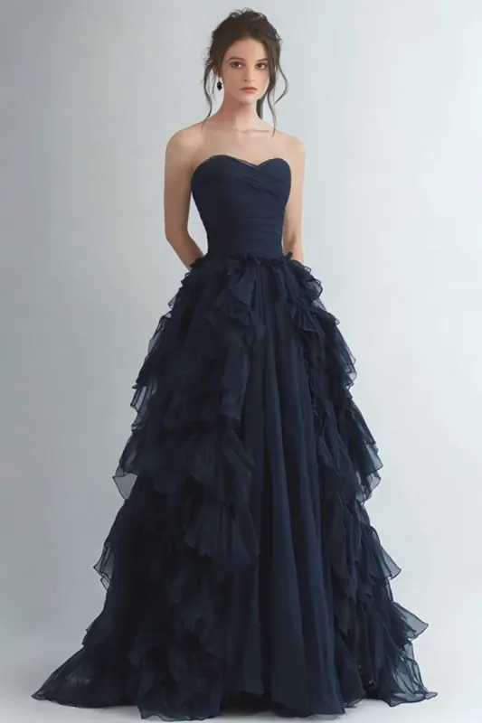 Organza Navy Tiered Strapless A Line Formal Dress sold by Zapaka
