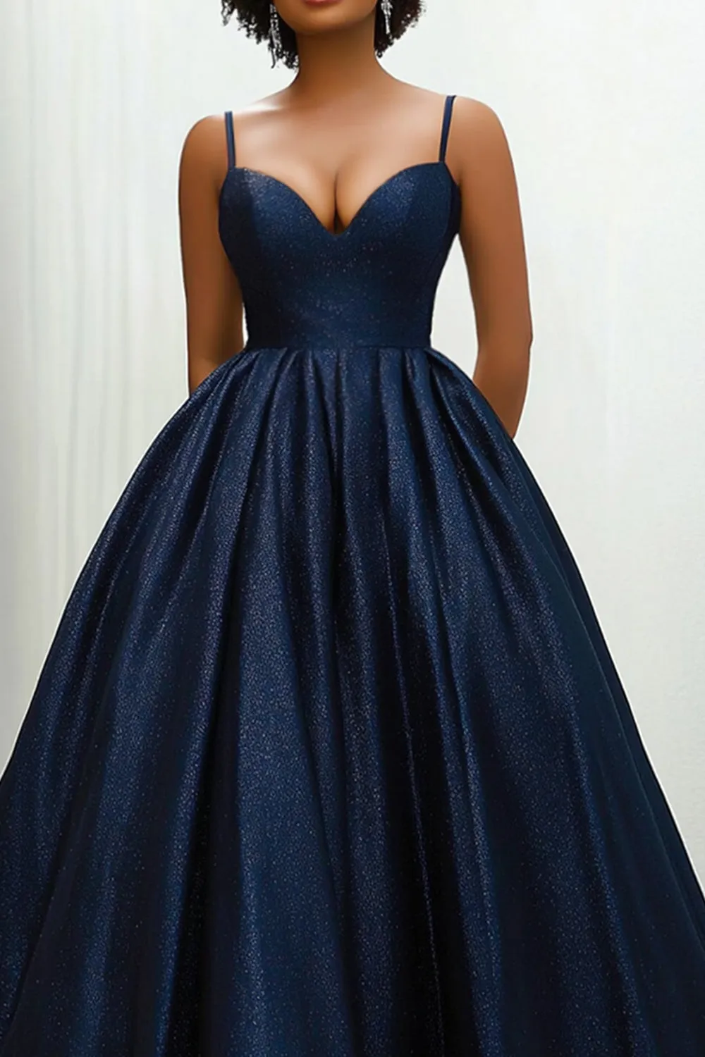 Sweetheart Navy Spaghetti Straps Long Satin Ball Gown with Side Invisible Pockets sold by Zapaka product image thumbnail 2