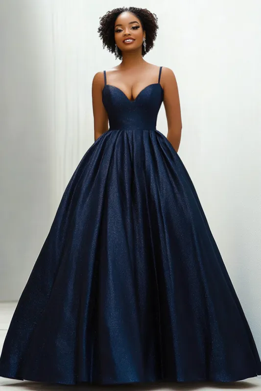 Sweetheart Navy Spaghetti Straps Long Satin Ball Gown with Side Invisible Pockets sold by Zapaka