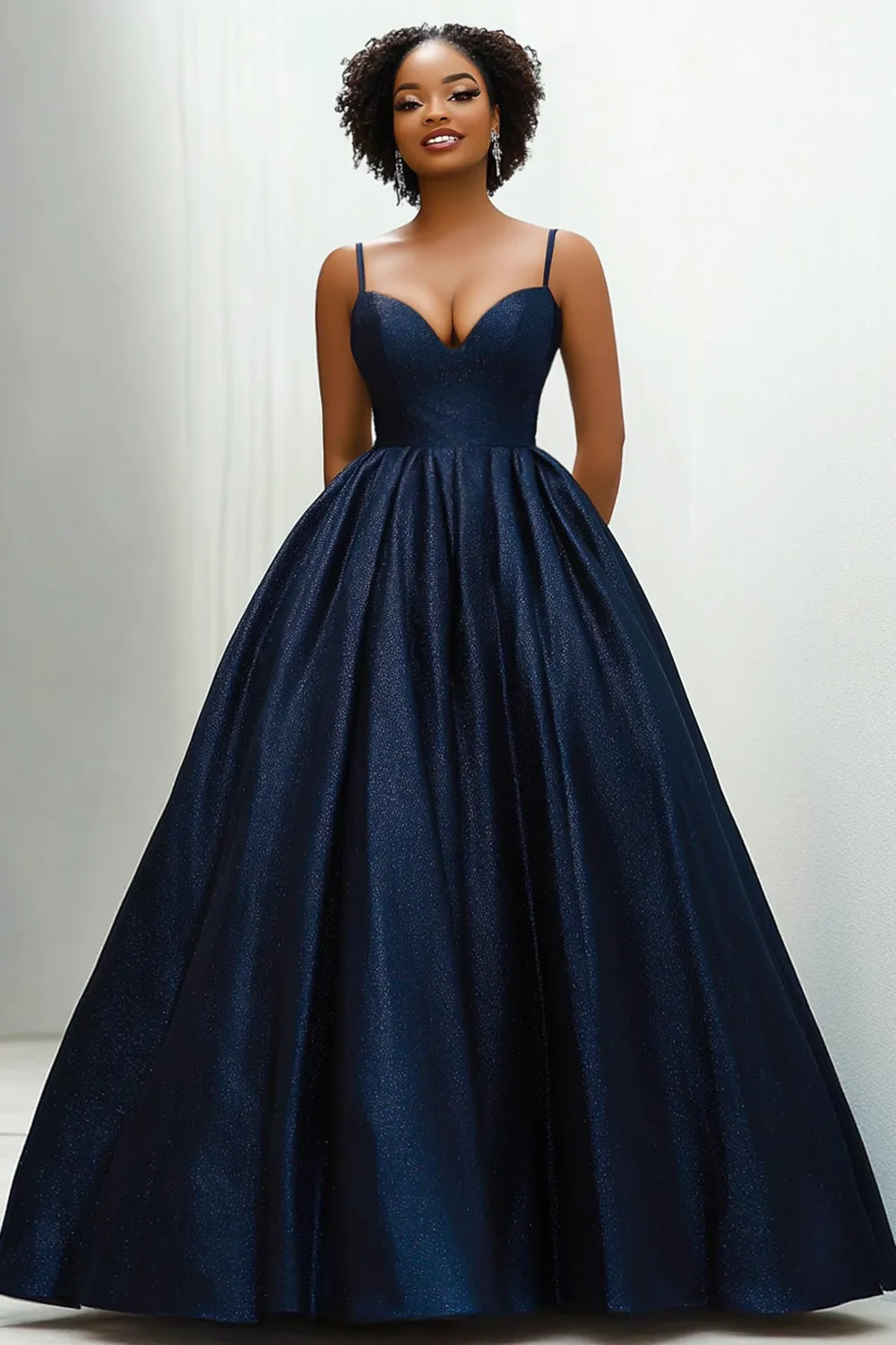Sweetheart Navy Spaghetti Straps Long Satin Ball Gown with Side Invisible Pockets sold by Zapaka