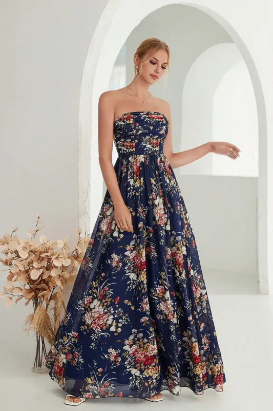 Printed Floral Navy Strapless A Line Long Formal Dress sold by Zapaka