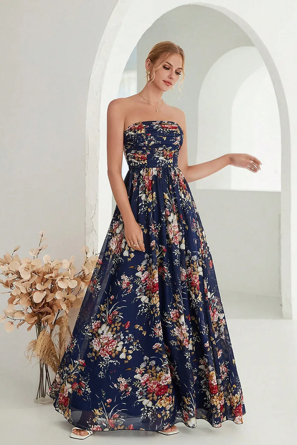 Printed Floral Navy Strapless A Line Long Formal Dress sold by Zapaka