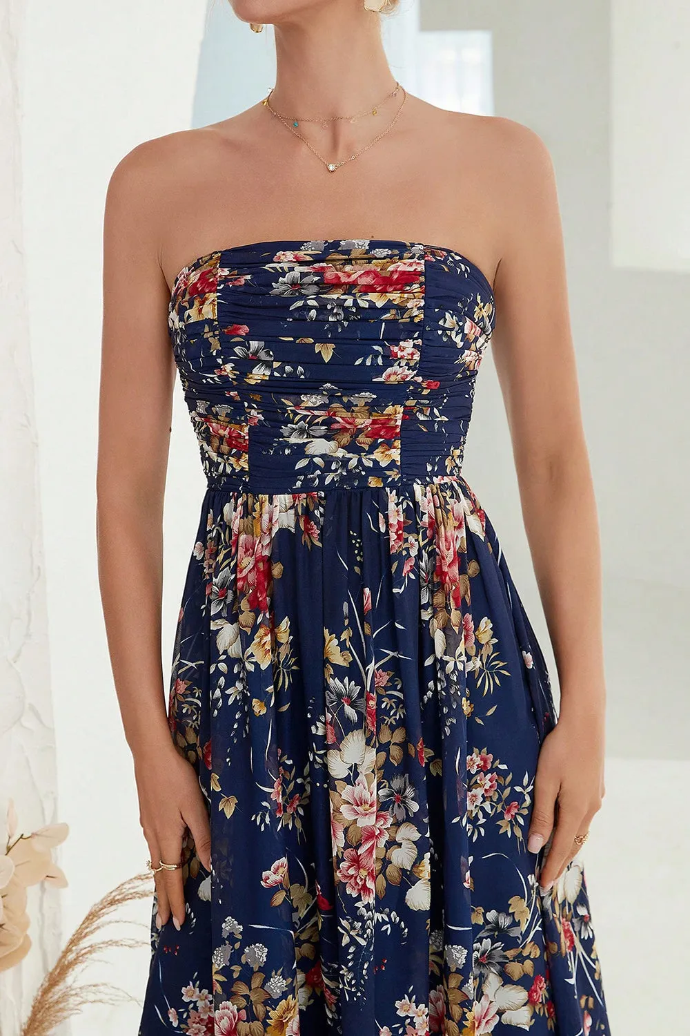 Printed Floral Navy Strapless A Line Long Formal Dress sold by Zapaka product image thumbnail 5