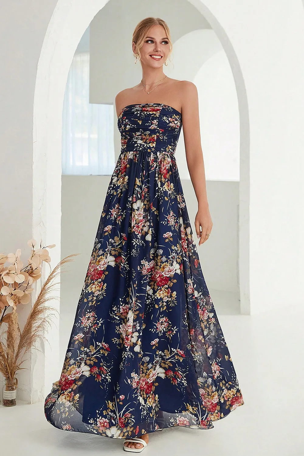 Printed Floral Navy Strapless A Line Long Formal Dress sold by Zapaka product image thumbnail 3