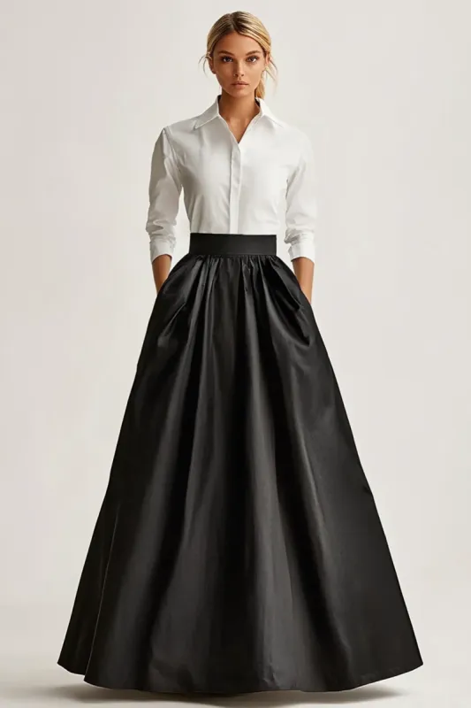 Full Length Black Satin A Line Skirt with Pockets sold by Zapaka