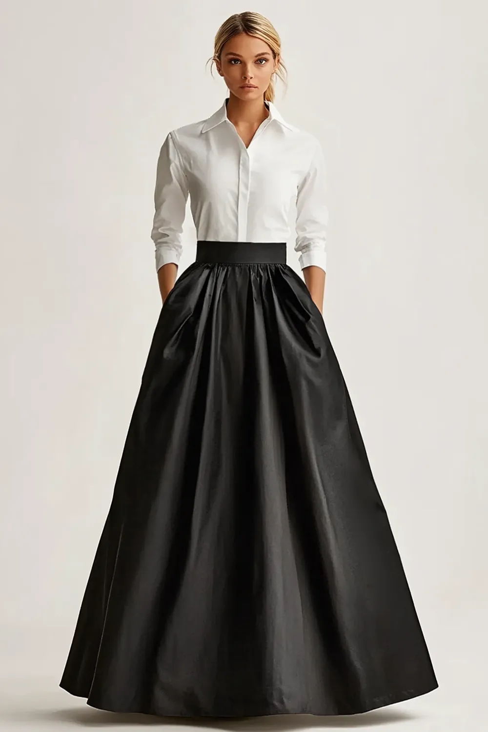 Full Length Black Satin A Line Skirt with Pockets sold by Zapaka