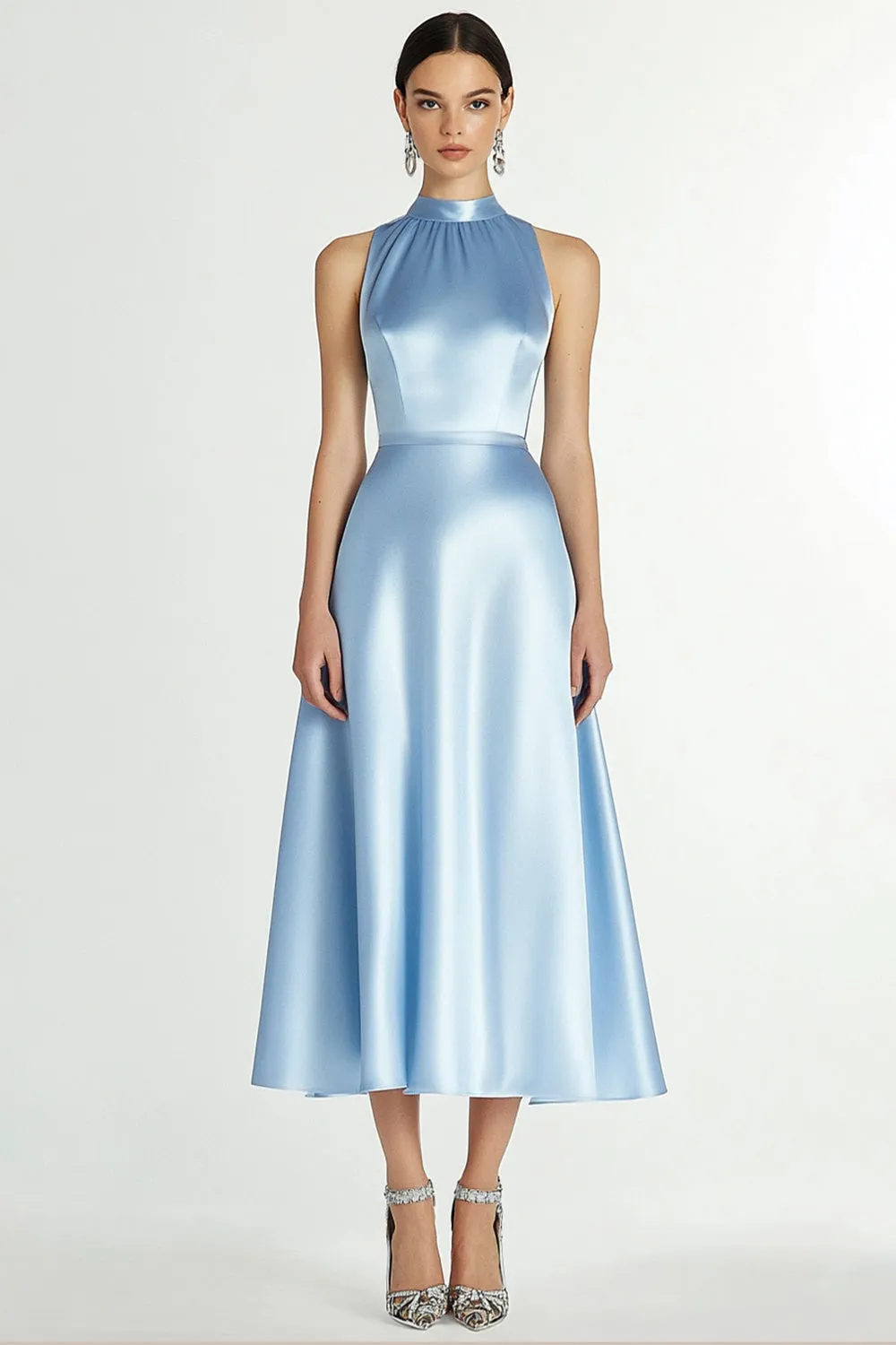 A Line Blue Halter Neck Satin Long Formal Dress sold by Zapaka