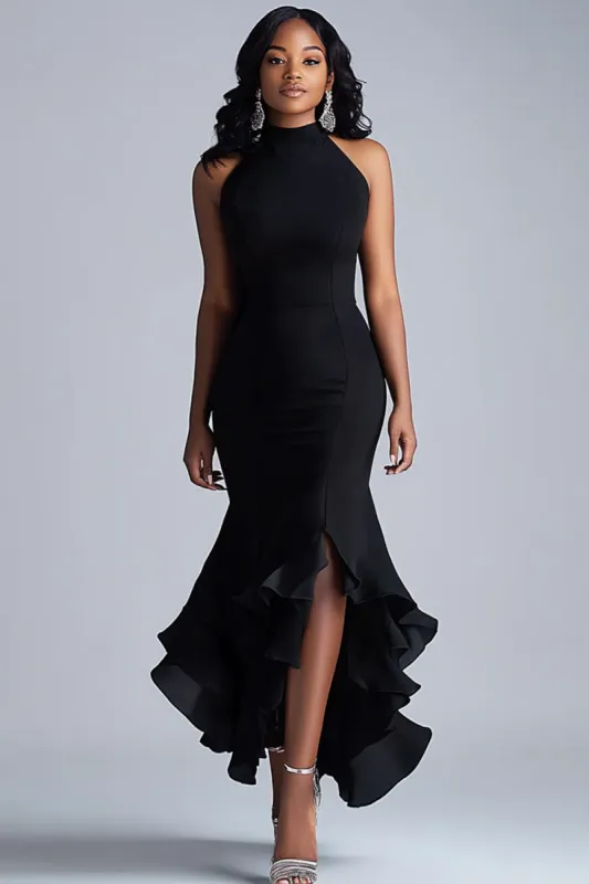 Black Ruffles Mermaid Halter Neck Long Gala Dress with Slit sold by Zapaka