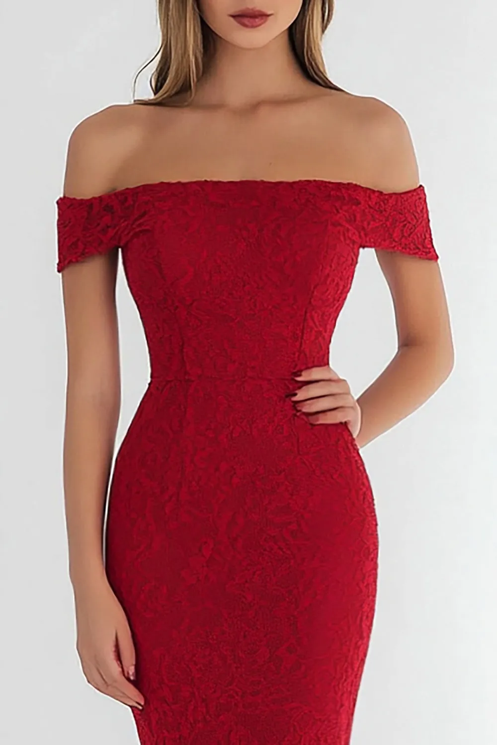 Red Lace Mermaid Off the Shoulder Formal Dress sold by Zapaka product image thumbnail 2
