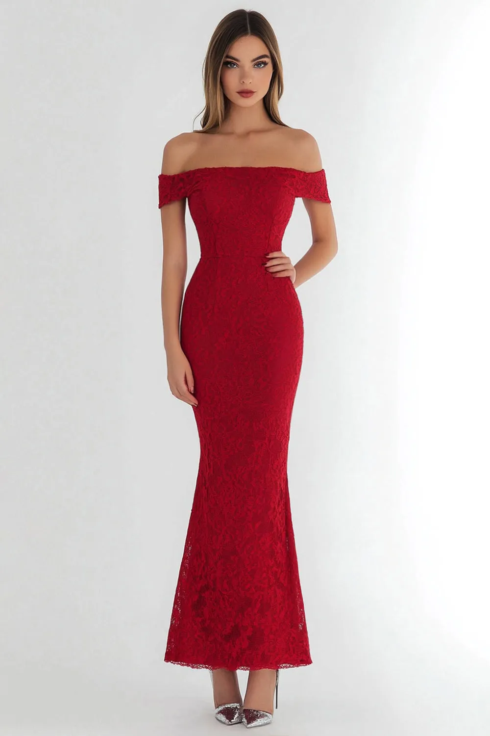 Red Lace Mermaid Off the Shoulder Formal Dress sold by Zapaka