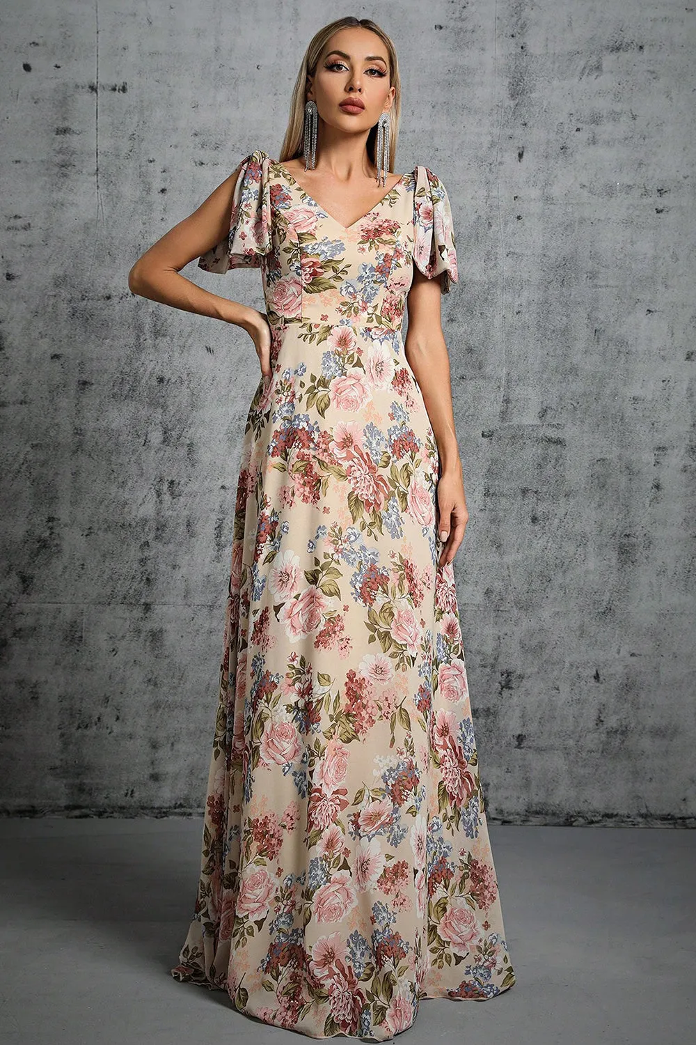 Light Khaki Floral Printed A-Line V-neck Long Prom Dress sold by Zapaka product image thumbnail 4