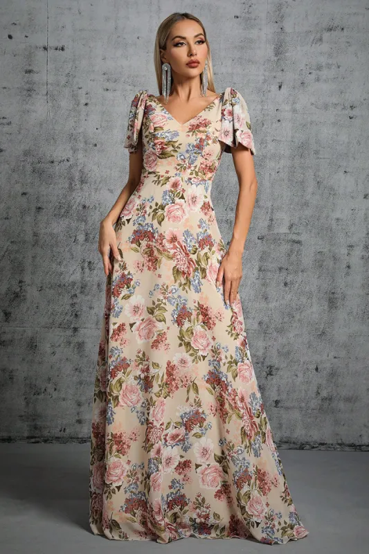Light Khaki Floral Printed A-Line V-neck Long Prom Dress sold by Zapaka