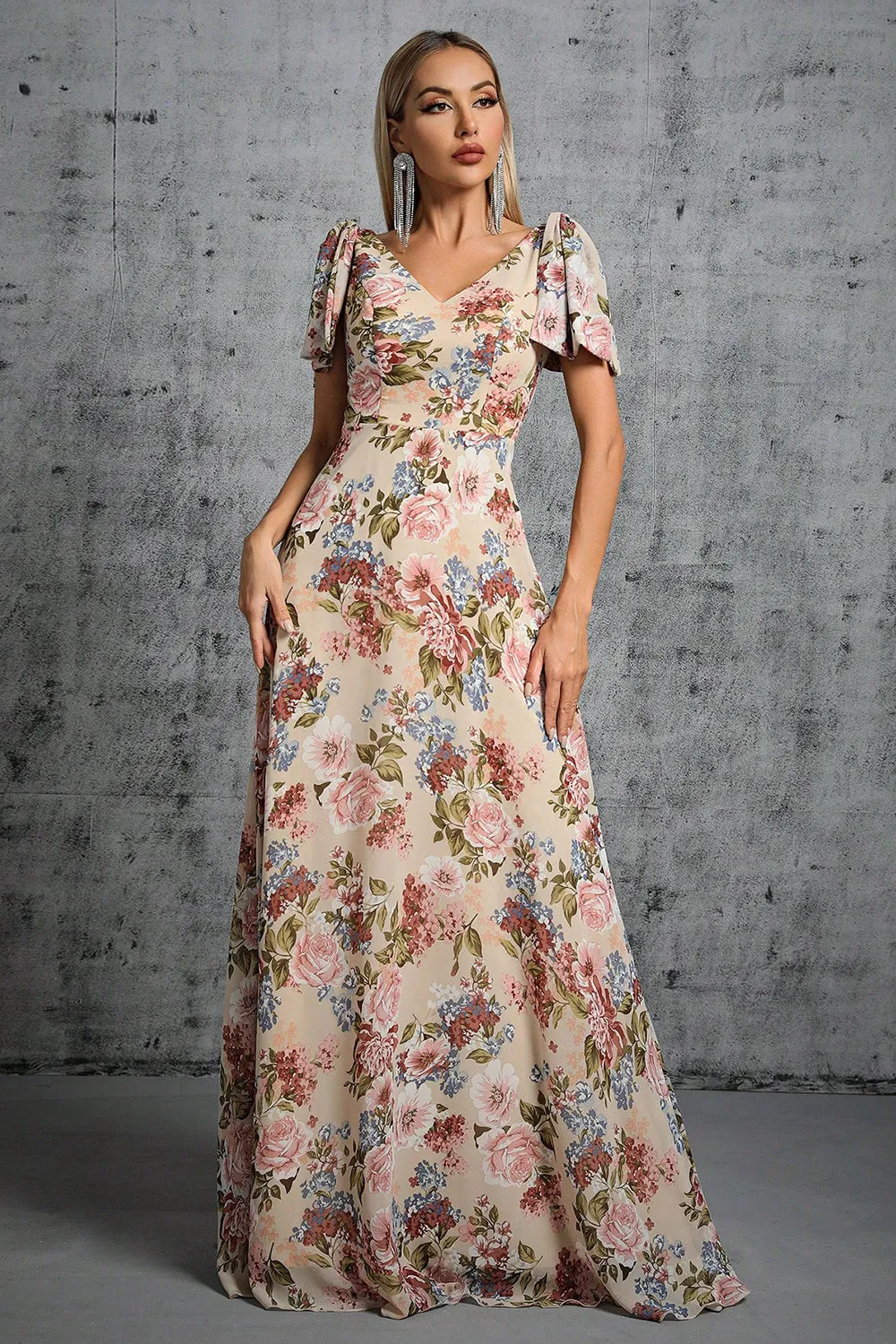 Light Khaki Floral Printed A-Line V-neck Long Prom Dress sold by Zapaka