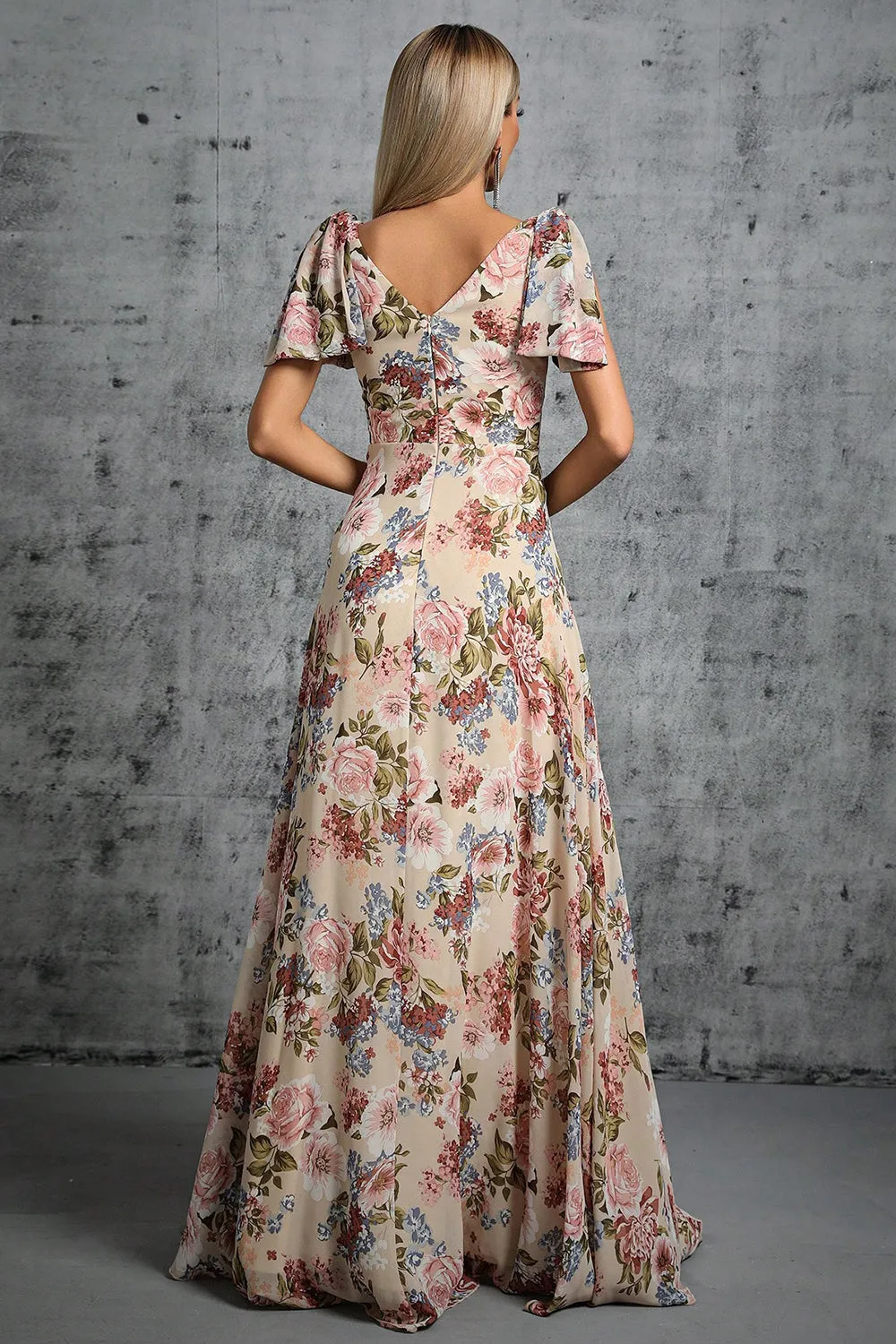 Light Khaki Floral Printed A-Line V-neck Long Prom Dress sold by Zapaka product image thumbnail 2