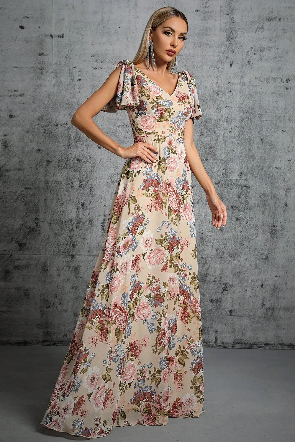 Light Khaki Floral Printed A-Line V-neck Long Prom Dress sold by Zapaka product image thumbnail 3